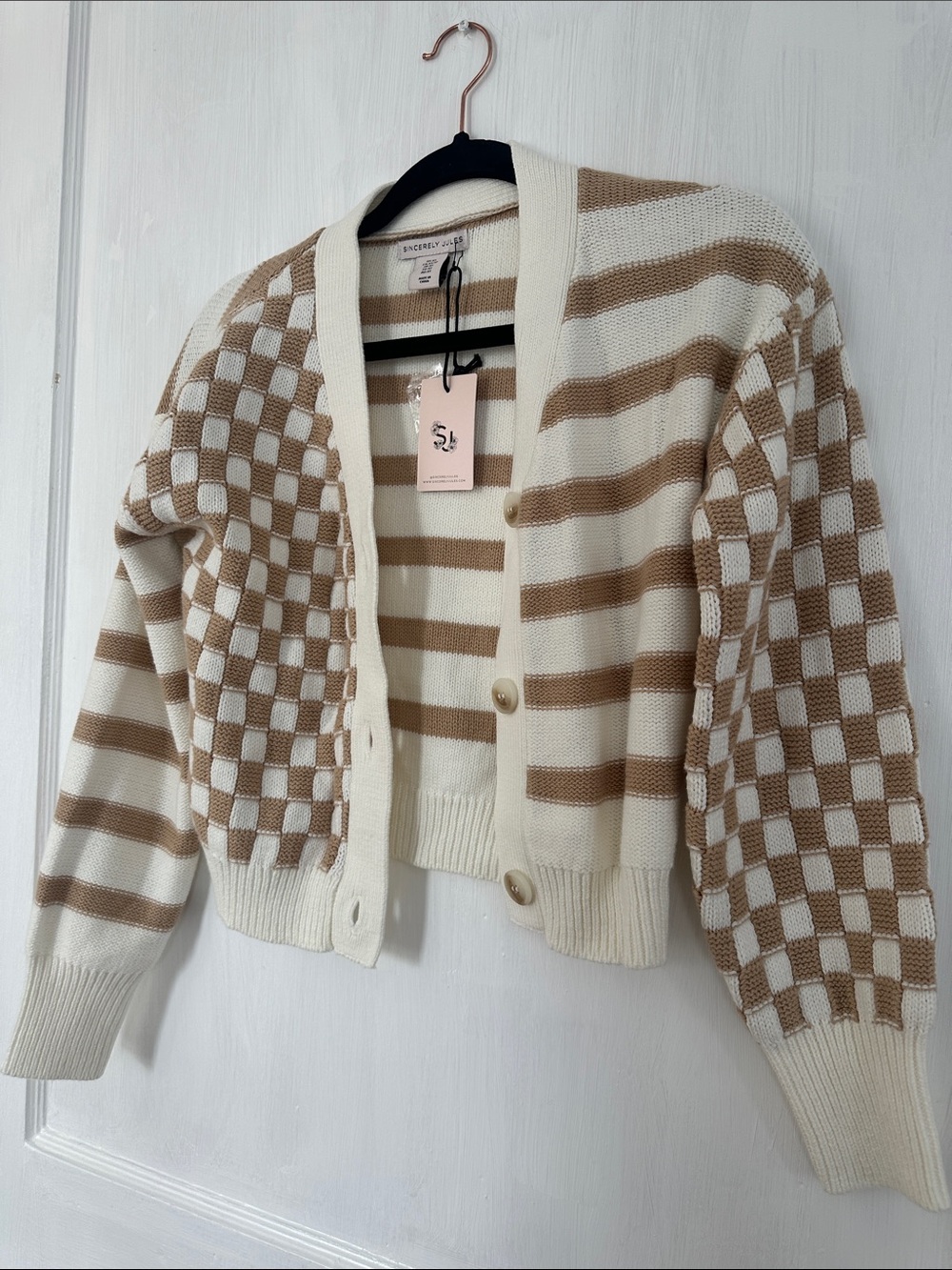 Everly Cream & Beige Checkerboard Striped Button Cardigan